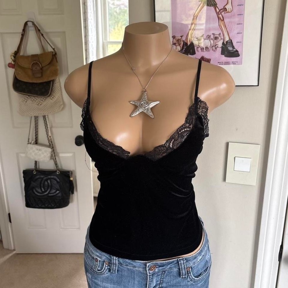 Y2K 2000s grunge black velour LACE TRIM VELVET CAMI tank top